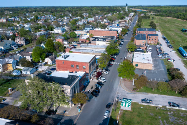 Aerial View of Mason Ave in Cape Charles with businesses looking east